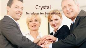  Presentation with strong - Beautiful presentation featuring mutual help - businesspeople stacking their hands together backdrop and a lemonade colored foreground