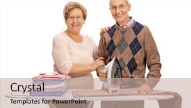 Presentation with get together - Slides having mutual help - happy mature couple ironing together background and a coral colored foreground