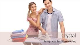  Presentation with young happy couple - Colorful PPT theme enhanced with mutual help - happy young couple ironing together backdrop and a lemonade colored foreground