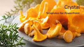  Presentation with fresh lettuce strawberries blueberries mushroom - PPT layouts with mycology - raw fresh chanterelle mushrooms background and a gold colored foreground