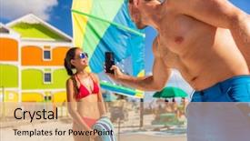  Presentation with florida beach - Colorful PPT layouts enhanced with beach vacation couple taking phone pictures - man taking pictures of model woman posing in bikini sun bathing in summer florida travel backdrop and a coral colored foreground