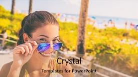  Presentation with summer sun - Theme with smiling asian young woman wearing fashion blue sunglasses posing at beach summer travel vacation girl relaxing in sun background and a coral colored foreground