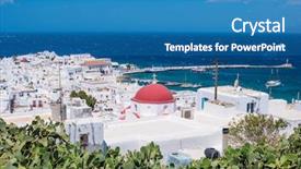  Presentation with seaport - Audience pleasing presentation theme consisting of mykonos island with seaport backdrop and a teal colored foreground