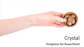  Presentation with bowl - Theme consisting of myristica fragrans - hand holding wooden bowl background and a  colored foreground