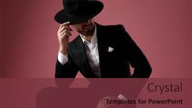  Presentation with pink black - Theme featuring mysterious dramatic man leaning on his leg and greeting polite while wearing tuxedo a black hat sitting on pink studio background background and a tawny brown colored foreground