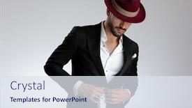  Presentation with hidden - Presentation enhanced with mysterious formal businessman wearing a black suit hat ring is standing bent to a side and adjusting his button while looking down with hidden eyes on gray studio background background and a sky blue colored foreground
