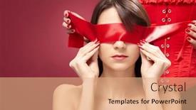  Presentation with eyes - Slides featuring mysterious girl in red with the covered eyes isolated background and a coral colored foreground