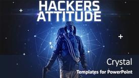  Presentation with hacker - PPT theme featuring mysterious-hacker-online-attack-concept background and a navy blue colored foreground