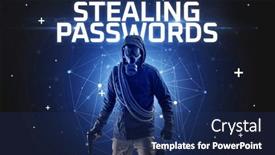  Presentation with hacker - PPT theme with mysterious-hacker-online-attack-concept background and a navy blue colored foreground