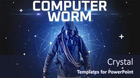 Presentation with computer hacker - Presentation design having mysterious-hacker-with-computer-worm background and a navy blue colored foreground