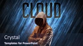  Presentation with cloud security - PPT theme featuring mysterious-man-with-cloud-inscription background and a navy blue colored foreground