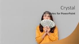  Presentation with mystery - Presentation with mystery brunette woman in sweater hiding behind the money and looking up over gray background background and a light gray colored foreground