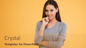  Presentation with mystery - Cool new PPT theme with mystery girl in studio with hand near the face isolated orange background backdrop and a yellow colored foreground
