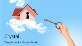  Presentation with house key - Cool new PPT theme with mystery sales - image of house with key backdrop and a light blue colored foreground