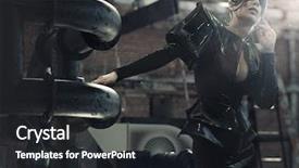  Presentation with mystery - Amazing PPT theme having mystery sales - sexy woman in old factory backdrop and a dark gray colored foreground