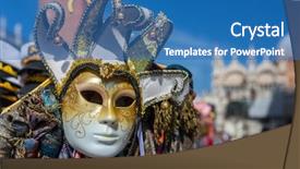  Presentation with venetian mask mardi gras - PPT theme with mystery sales - various venetian masks on sale background and a teal colored foreground