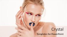  Presentation with mystery - Cool new theme with mystery woman with hands near face isolated over white background close up backdrop and a coral colored foreground