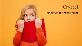  Presentation with mystery - Cool new presentation theme with mystery young girl in sweater hiding behind the book and looking away over orange background backdrop and a yellow colored foreground