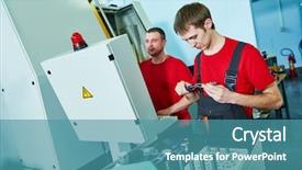  Presentation with workshop - Presentation design consisting of nacc - worker at tool workshop background and a  colored foreground