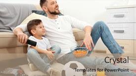  Presentation with football - PPT theme featuring friendship goals - father and son watching football background and a coral colored foreground