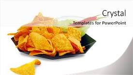  Presentation with dip - Presentation having nacho cheese tortilla chips with guacamole dip and chili peppers isolated on white background background and a white colored foreground