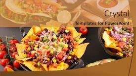  Presentation with nachos - Slide deck having nachos with beef vegetable and cheese- mexican food background and a gold colored foreground