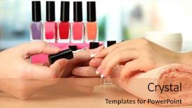  Presentation with beauty salon - Cool new PPT theme with nail art - manicure process in beauty salon backdrop and a coral colored foreground