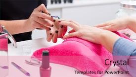 Presentation with manicure - Colorful slide set enhanced with nail saloon woman with hand backdrop and a coral colored foreground