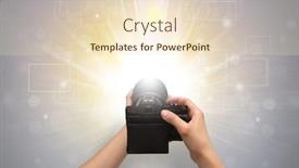  Presentation with flash - Presentation design enhanced with naked hand taking picture with digital camera and glowing flash concept background and a lemonade colored foreground