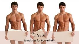  Presentation with blank signs - Cool new slides with three nude muscular men covering backdrop and a coral colored foreground