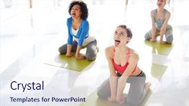  Presentation with females - Presentation enhanced with namaste - three young females in simhasana background and a sky blue colored foreground