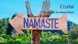  Presentation with beach - Amazing PPT theme having namaste arrow with beach background backdrop and a light blue colored foreground