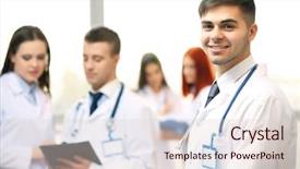  Presentation with conference - Cool new presentation design with name badge - attractive male doctor with team backdrop and a lemonade colored foreground