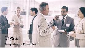  Presentation with coffee - PPT theme featuring name badge - business people chatting and drinking background and a soft green colored foreground