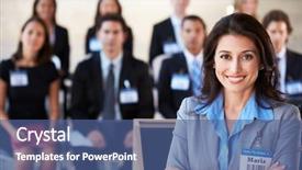  Presentation with global conference world - PPT theme featuring name tag - businesswoman delivering presentation at conference background and a ocean colored foreground