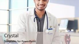  Presentation with lab coat - Slide set featuring names faces - happy young afro american doctor background and a light gray colored foreground