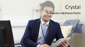  Presentation with professional consultant - Cool new slide deck with names faces - male consultant working at desk backdrop and a  colored foreground