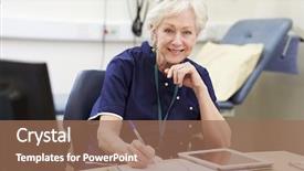  Presentation with portrait of excited overjoyed female - Slide set having names faces - portrait of female consultant working background and a coral colored foreground