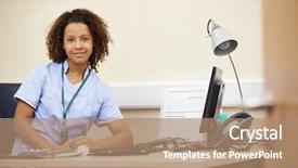  Presentation with trainee nurse sitting by female - Beautiful PPT theme featuring names faces - portrait of female nurse working backdrop and a coral colored foreground