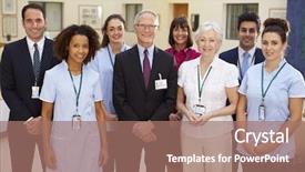  Presentation with design medical hospital - Beautiful presentation theme featuring names faces - portrait of hospital medical team backdrop and a coral colored foreground