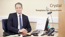  Presentation with desk - Colorful presentation design enhanced with names faces - portrait of male consultant working backdrop and a  colored foreground