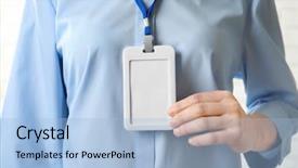  Presentation with blank - Presentation design with nametag - woman with blank badge closeup background and a light blue colored foreground