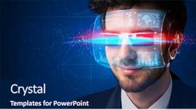  Presentation with high tech - PPT theme featuring nano electronics - man with future high tech background and a navy blue colored foreground
