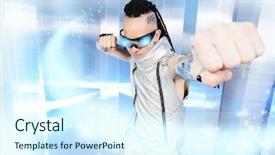  Presentation with high technology - Slide set featuring eccentric futuristic man in silver background and a sky blue colored foreground