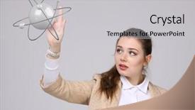  Presentation with atom - Presentation theme featuring nanotechnology nano chemistry background - woman scientist with atom model background and a light gray colored foreground