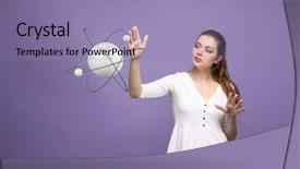  Presentation with atom - Beautiful presentation featuring nanotechnology nano chemistry background - woman scientist with atom model backdrop and a coral colored foreground