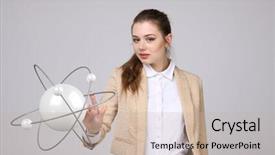  Presentation with atom - Presentation design consisting of woman scientist with atom model research concept background and a soft green colored foreground