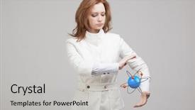  Presentation with atom - Presentation design enhanced with woman scientist with atom model research concept background and a light gray colored foreground