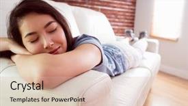  Presentation with living room - Colorful presentation design enhanced with nap - asian woman napping on couch backdrop and a soft green colored foreground