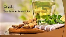  Presentation with healthy drink - Slide deck featuring healthy detox drink with ginger on wooden boards glass with lime green tea and mint a healthy mint ginger drink number twenty eight with half slice lime and napkin country life light background background and a yellow colored foreground